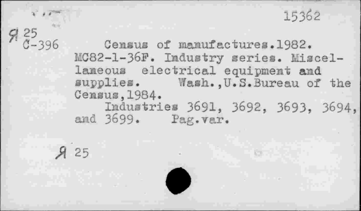 ﻿15362
Q 25 0-396 Census of manufactures.1982.
MC82-1-36F. Industry series. Miscellaneous electrical equipment and supplies. Wash.,U.S.Bureau of the Census,1984»
Industries 3691, 3692, 3693, 3694, and 3699« Pag.var.
>i 25